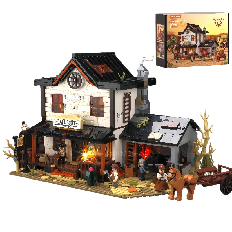 2042 шт., западный кузнечный магазин, освещение, строительный кирпич, коллекционный набор дисплеев, сборка уличной сцены, модель, Рождественский подарок, игрушка