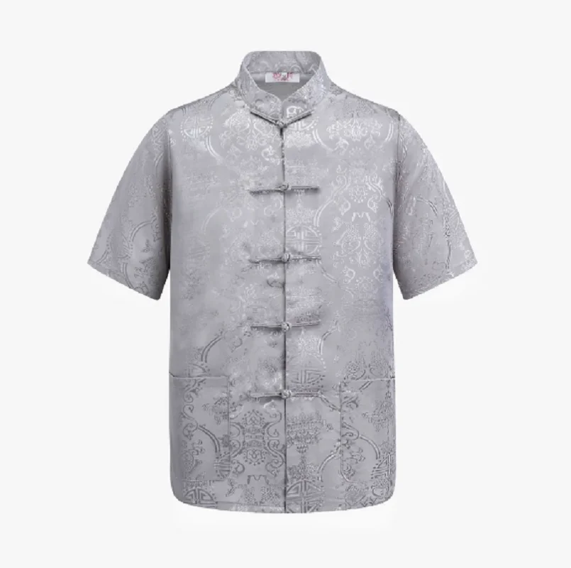 

Wholesale New Chinese Style Men's Satin Tang Suit Spring Summer Short Sleeve T Shirt Casual Birthday Party Coat Size S-3XL