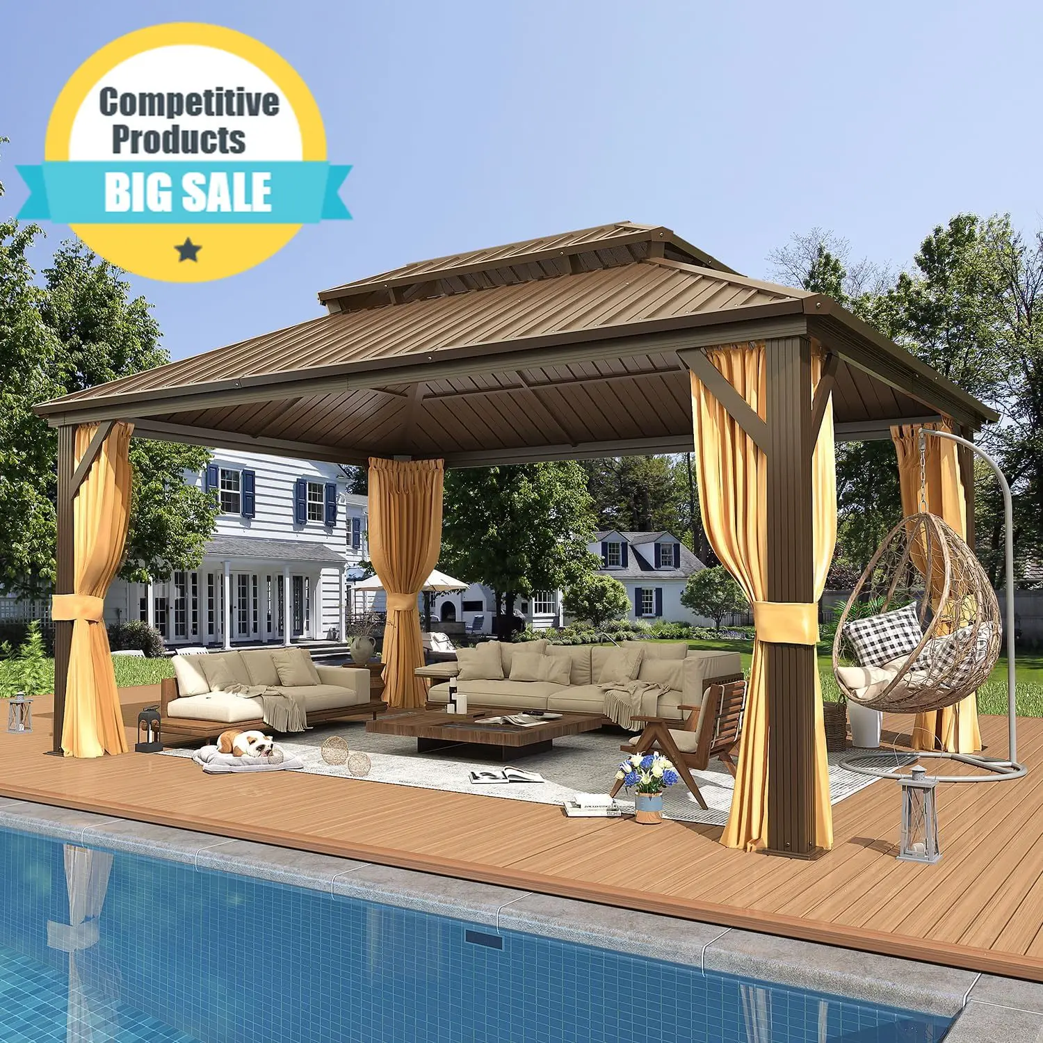 

12' x 16' Hardtop Gazebo, Aluminum Frame Gazebos with Galvanized Steel Double Roof, Permanent Outdoor Metal Pavilion with Curtai