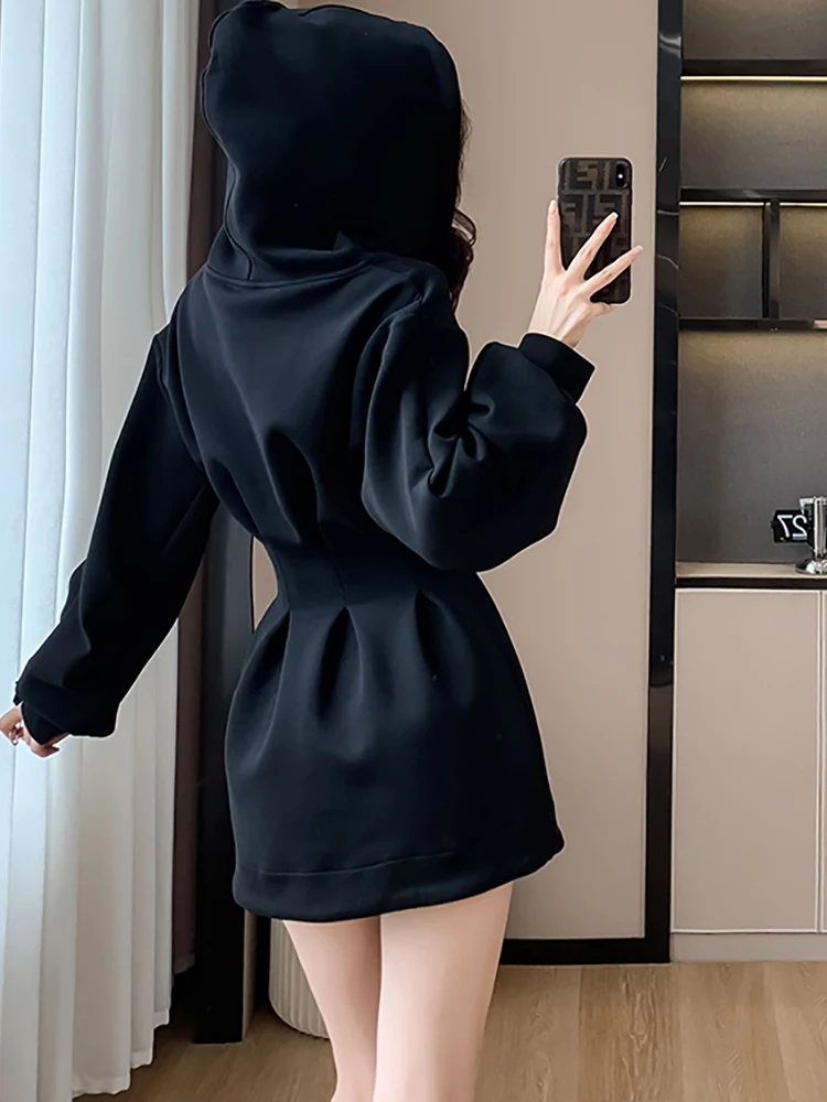 Black Long Sleeve Chic Hooded Short Dress Women Autumn Winter Elegant Bodycon Casual Dress 2024 Korean Vintage Hepburn Vestidos