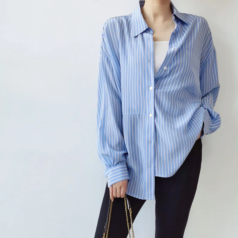 Birdtree, 100%Real Silk, Women Striped Shirts, Crepe Dropped Shoulder Stripe Blouses, 2024 Spring Autumn OL Loose Top T49234QM