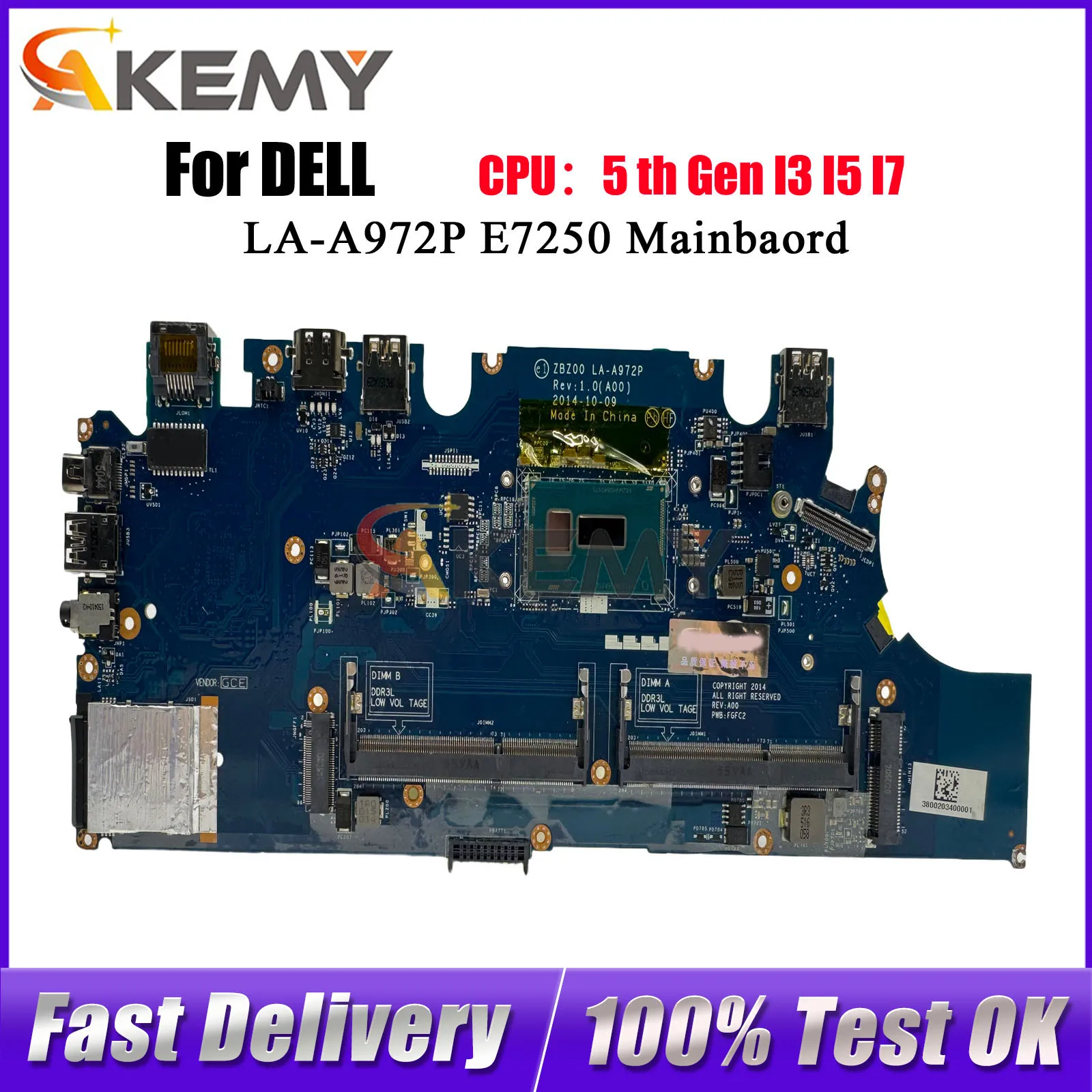 

For DELL Latitude 7250 E7250 Notebook Mainboard LA-A972P 0TPHC4 0G9CNK 02PVP8 0F9HCX 100% Fully Tested