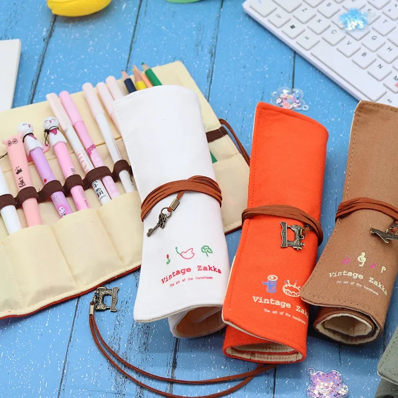 Creative Retro Canvas Pencil Case Roll Leather PU Pencil Bag Storage Pouch For Stationery School Supplies Multi functional Bag