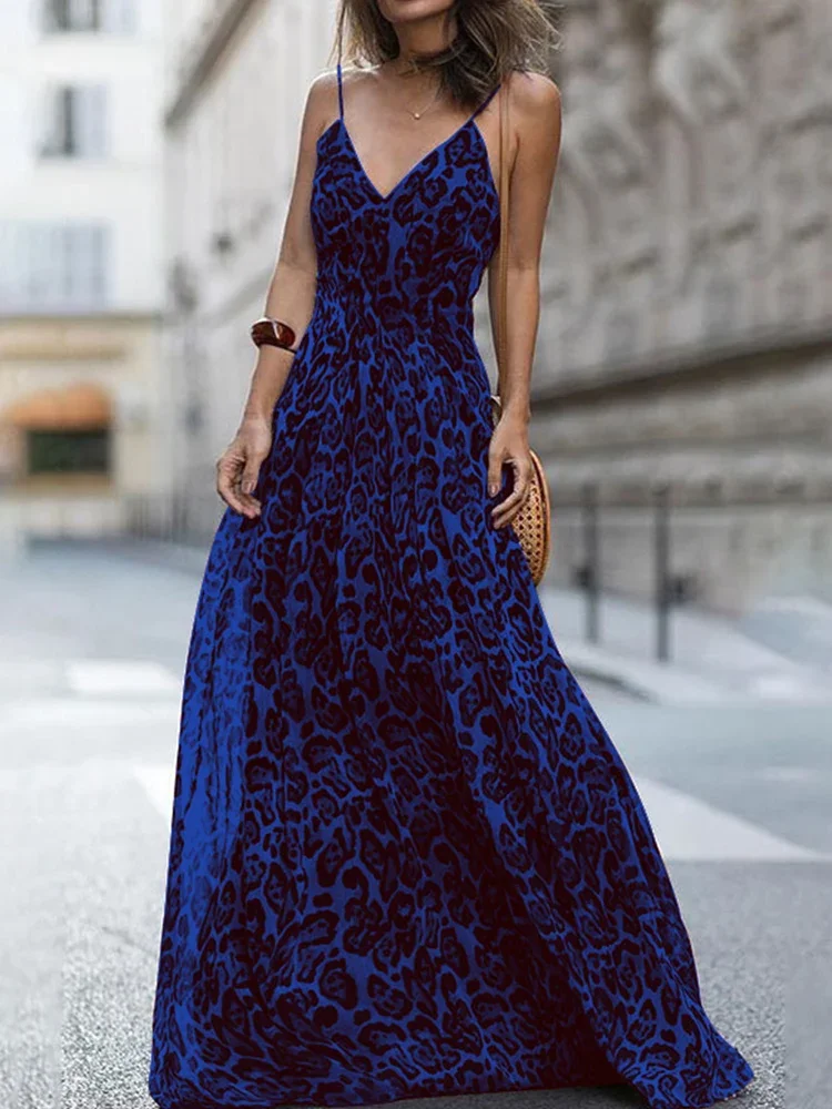 Sexy V Neck Leopard Print Sling Dress Summer Elegant Off Shoulder Long Party Dress Fashion Women Wrap Waist Slim Robe Dress