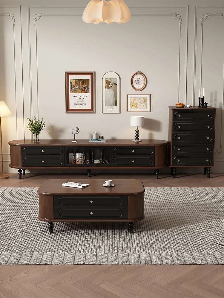French retro solid wood medieval TV cabinet, walnut black American living room coffee table combination locker