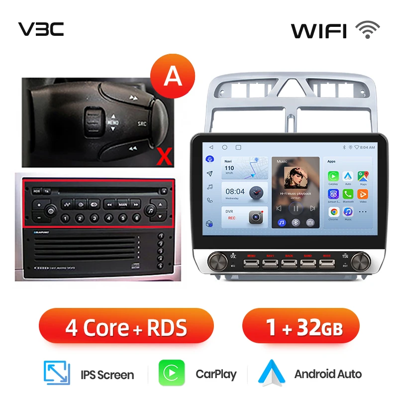 Junsun 10.1 "Draadloze Carplay AndroidAuto Autoradio voor Peugeot 307CC 307SW 2002-2013 radio met knoppen Bluetooth GPS 4G DSP
