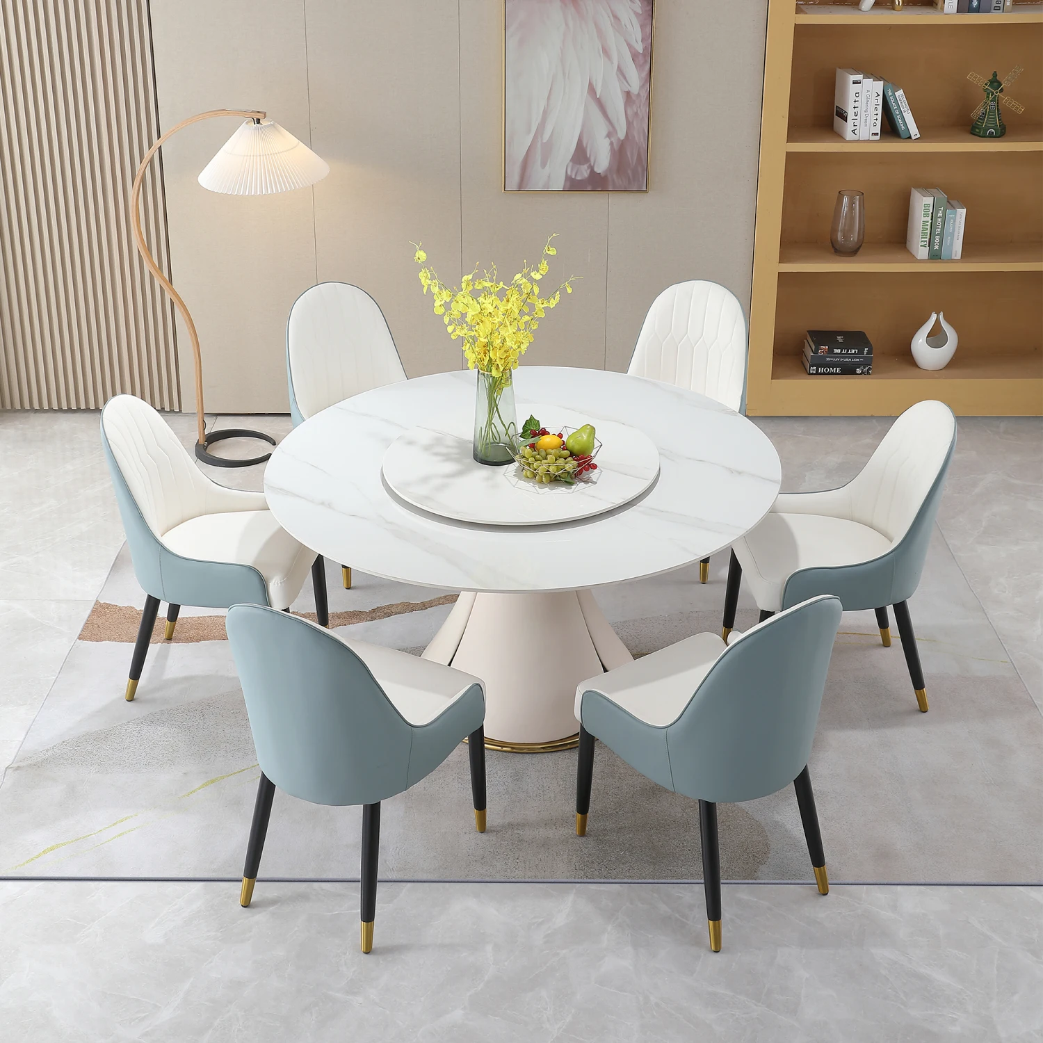 

Modern Sintered Stone Dining Table Set with Turntable, Wood and Metal Pedestal, 8 Chairs