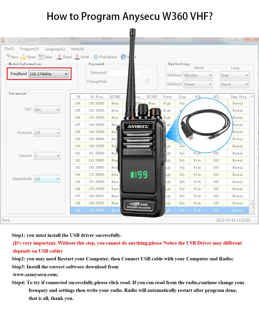 Anysecu W360 IP68 Water-proof Two Way Radio with Active View Screen Design VHF 136-174MHz or UHF 400-520MHz