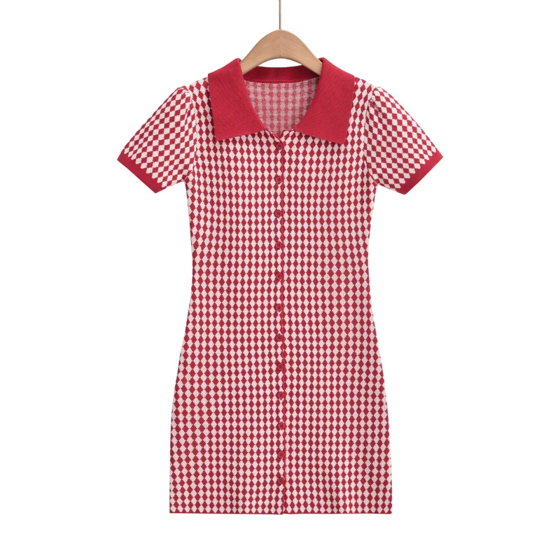 Short sleeve dresses for women 2023 Summer mini dress sexy black plaid dresses short button up argyle knitted dress Polo collar