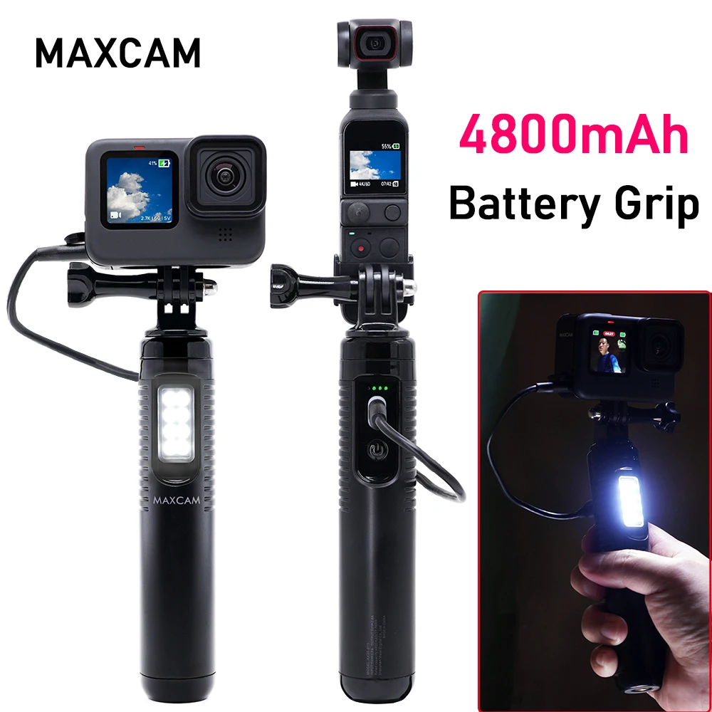 MAXCAM Battery Charger Grip con luce di riempimento 4800mAh Power Bank Hand Grip per DJI Pocket 2 1 Action Camera GoPro Hero 10 9 8 7 6