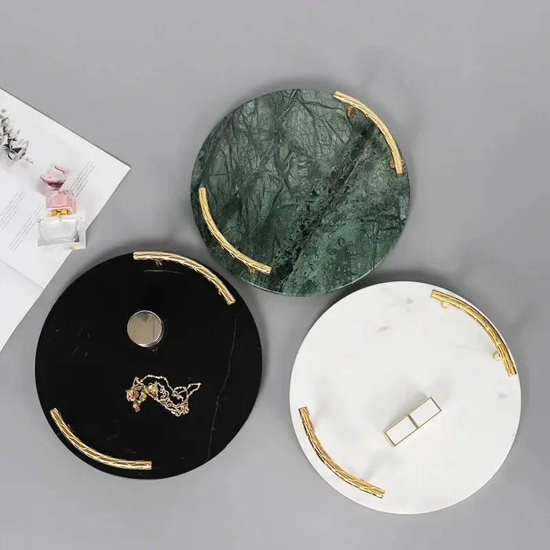 

Marble Tray Fruit Dessert Plate Desktop Jewelry Display Black Round Gold Metal Handle Home Kitchen Decoration Storage Supplies