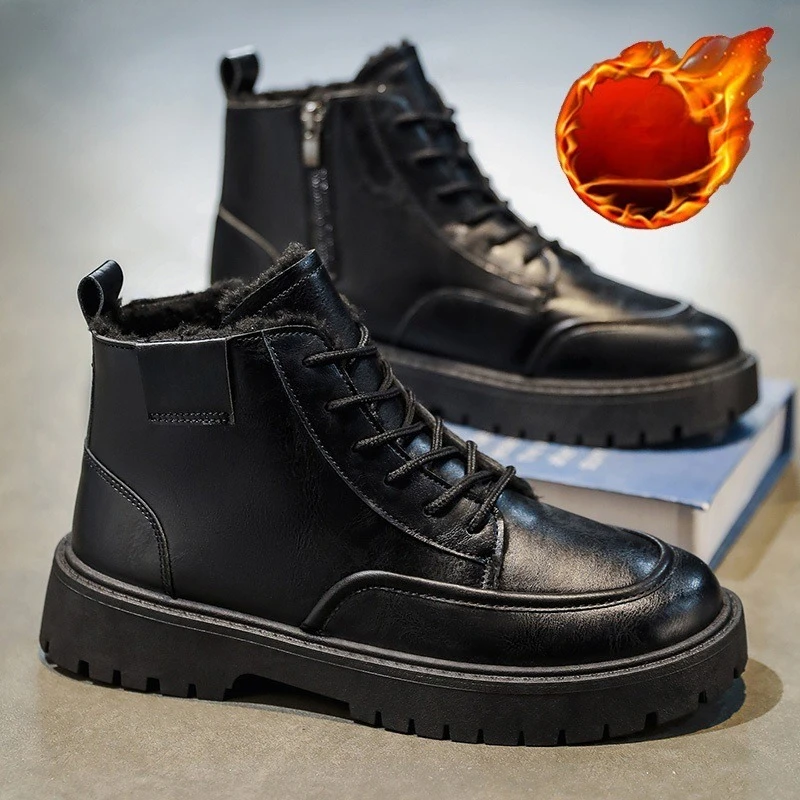 الشتاء المخملية الأسود عالية أعلى أحذية الرجال العصرية تنوعا سميكة سوليد ودافئة أحذية قصيرة عمال الأحذية، أحذية من الجلد الأسود #1