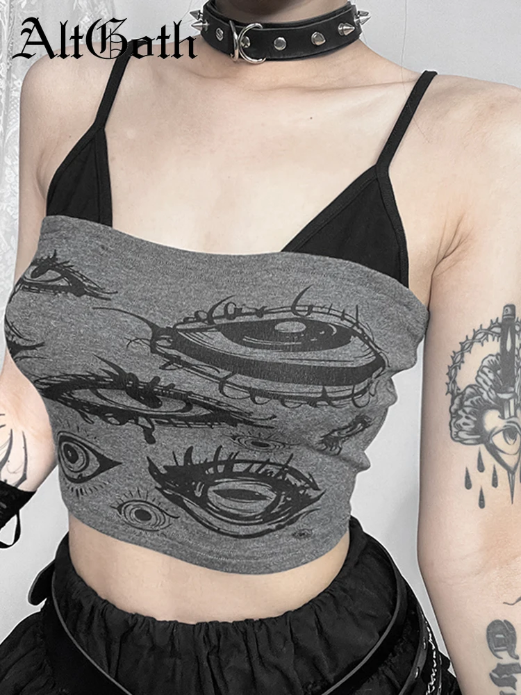 

AltGoth Y2k Gothic Grey Camis Women Vintage Aesthetic Streetwear Harajuku Devil Eye Printed Crop Tank Top Emo Alt Rave Outfits