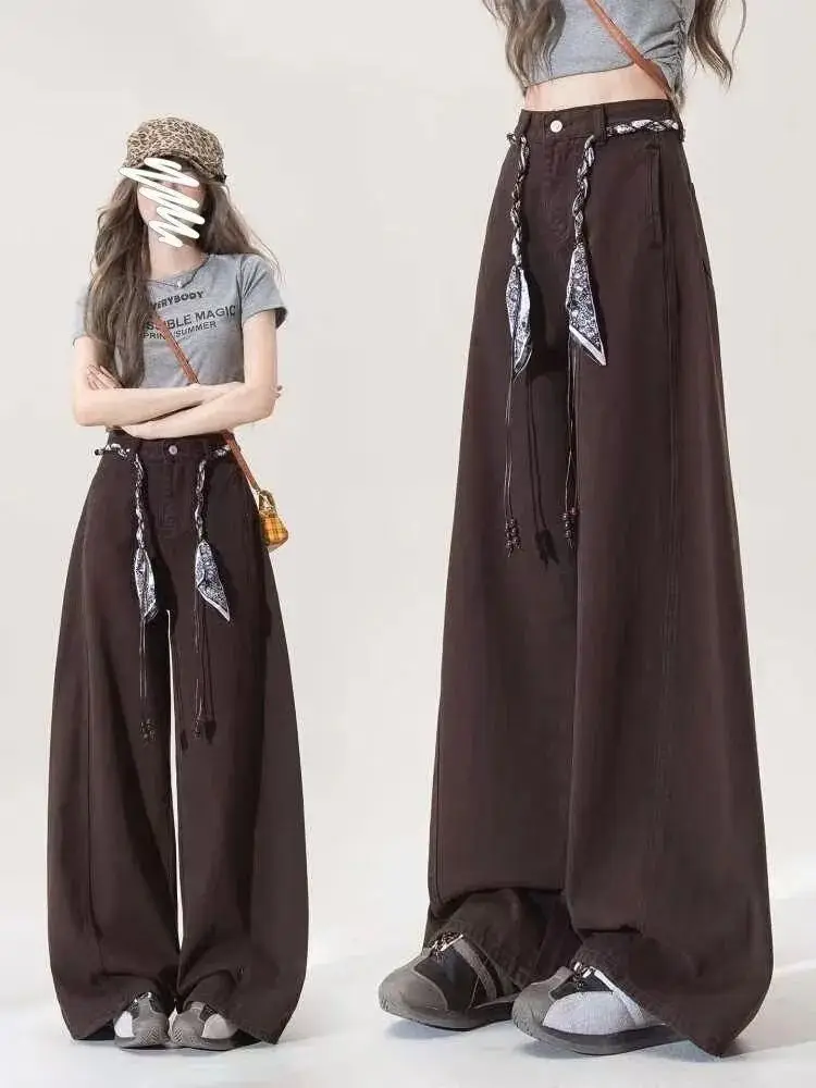 Vintage Brown Patchwork Jeans Women Streetwear High Waist Loose Plaid Denim Pants Y2K Retro Korean Zipper Wide Leg Trouser New