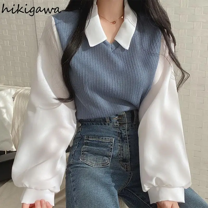 Hikigawa Blouses Women Chic Fake Two Thicked Shirts 2023 Blusas De Mujer Loose All-match Temperament Korean Tops Female 99903