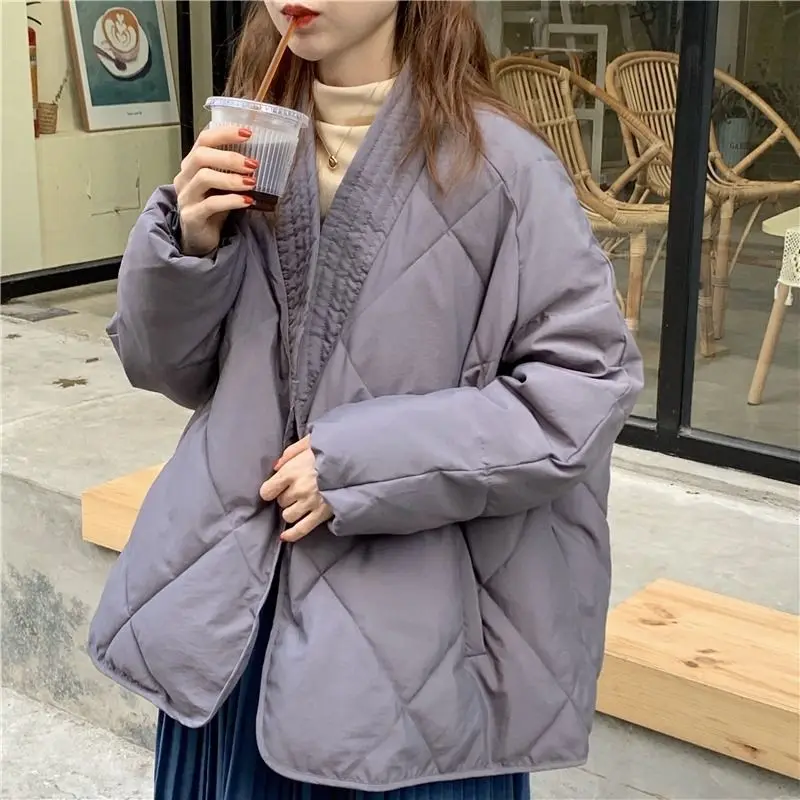 2024 New Women\'s Winter Retro Diamond Grid Cotton Jacket Loose College Style Lightweight Cotton Jacket