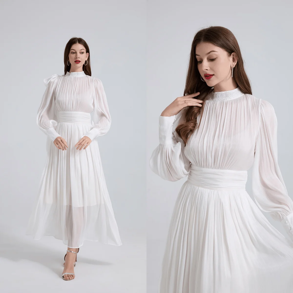 

French Style Solid New Pleated Female Dress Stand Collar Long Sleeve Temperament High Waist Ladies Elegant Holiday Party Dresses