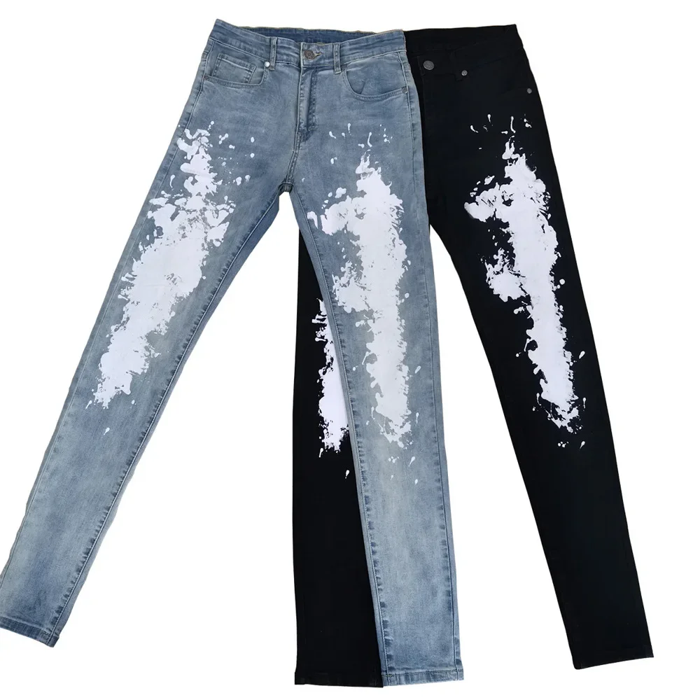 

Pop Four Seasons New Fashion Men's Casual Trendy Black Slim White Printed Skinny Jeans Pencil Pants Aerican High Street Denim Pa