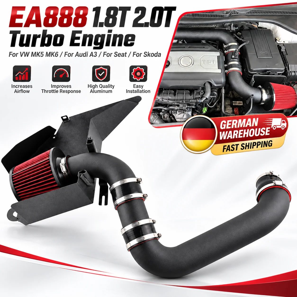 EA888 – system dolotu zimnego powietrza do samochodów VW MK5 Golf, MK6 GTI, Passat, Caddy, Seat Leon, Audi TT, A3 oraz Skoda Octavia z silnikami 1.8T i 2.0T. (black)