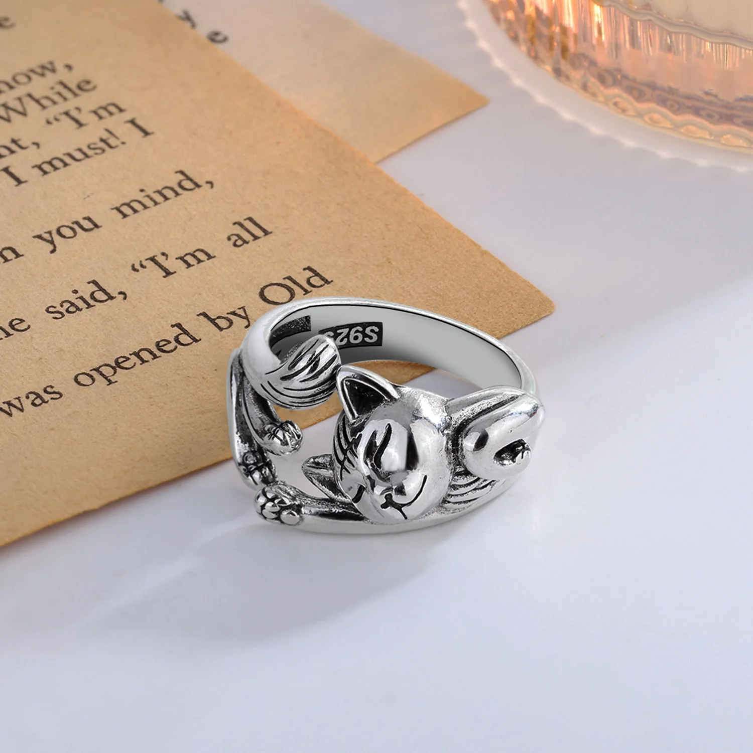 Best Sell Vintage Little Cat Animal Design Thai Silver Female Party Ring Original Jewelry For Women Christmas Gifts No Fade