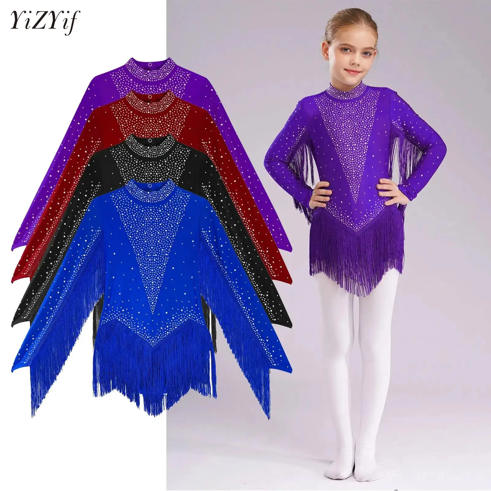 

Kids Girls Tassels Latin Dance Fringe Bodysuit Jumpsuit Rhinestones Gymnastics Ballet Leotard Dress Figure Skating Stage Costume