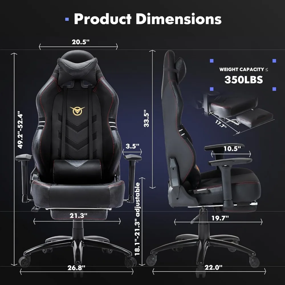 Big and Tall Gaming Chair with Footrest 350lbs,High Back PC Gaming Chairs with Wide Seat,Lumbar Support,Armrest for Adults-Black