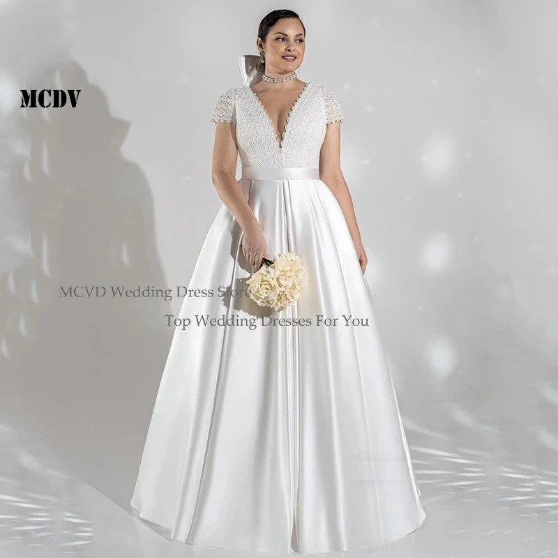 

Customized Short Sleeves Lace Wedding Dress Plus Size V Neck A Line Sweep Train Corset Bridal Gowns Vestido De Noiva