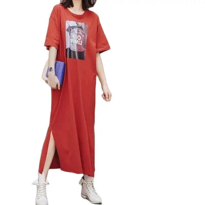 Women's Summer Dress 2024 New Product Large Size Loose Long T-Shirt Over The Knee Fashion Summer Thin Casual Short Sleeve Dress