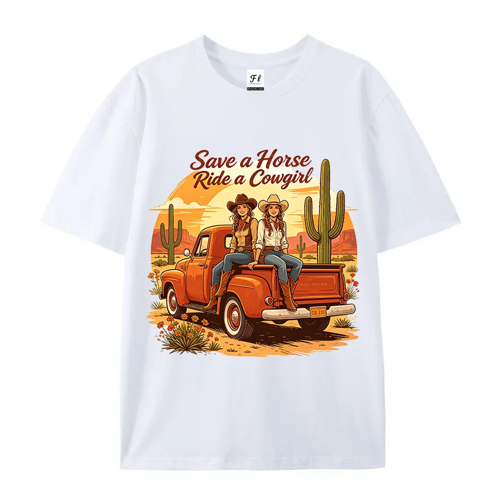 Women T Shirt Save A Horse Ride A Cowgirl Vintage Western Truck Graphic White Oversized Short Sleeve Cotton Top Casual Tees