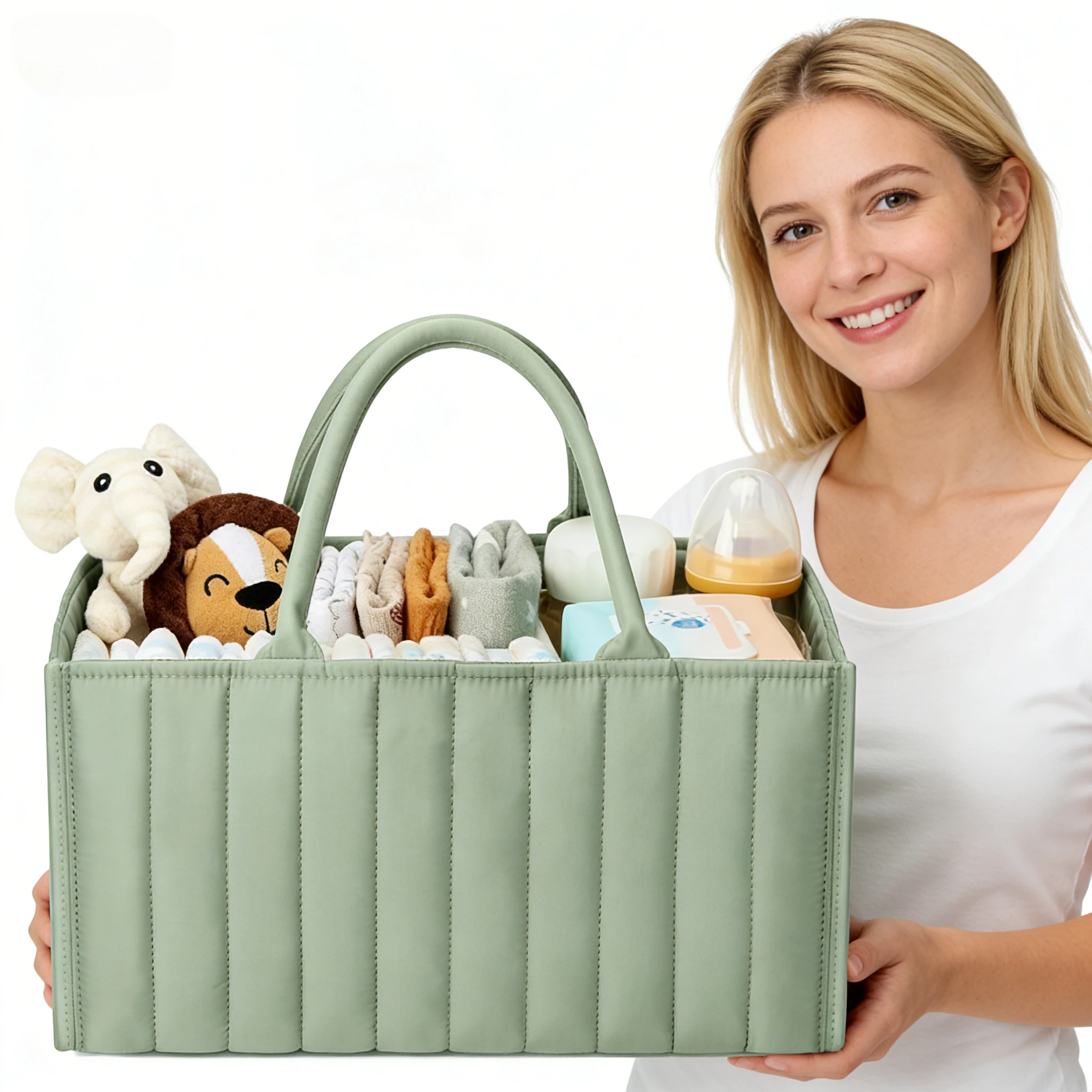 

Portable Mom Tote Basket Baby Green Quilted Storage Basket with Handle - Large Capacity Organizer for Baby Toys Diapers Sundries