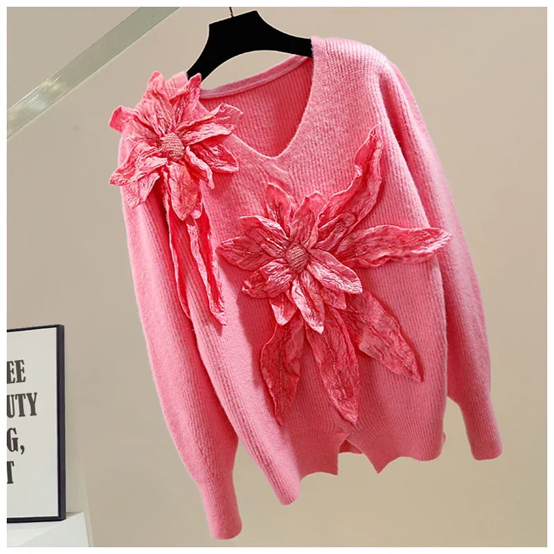 Heavy Sweet 3D Large Flower Decorative V-neck Pullover Knitted Top Spring Clothes Fashion Loose Thick Sweet Women's Sweater