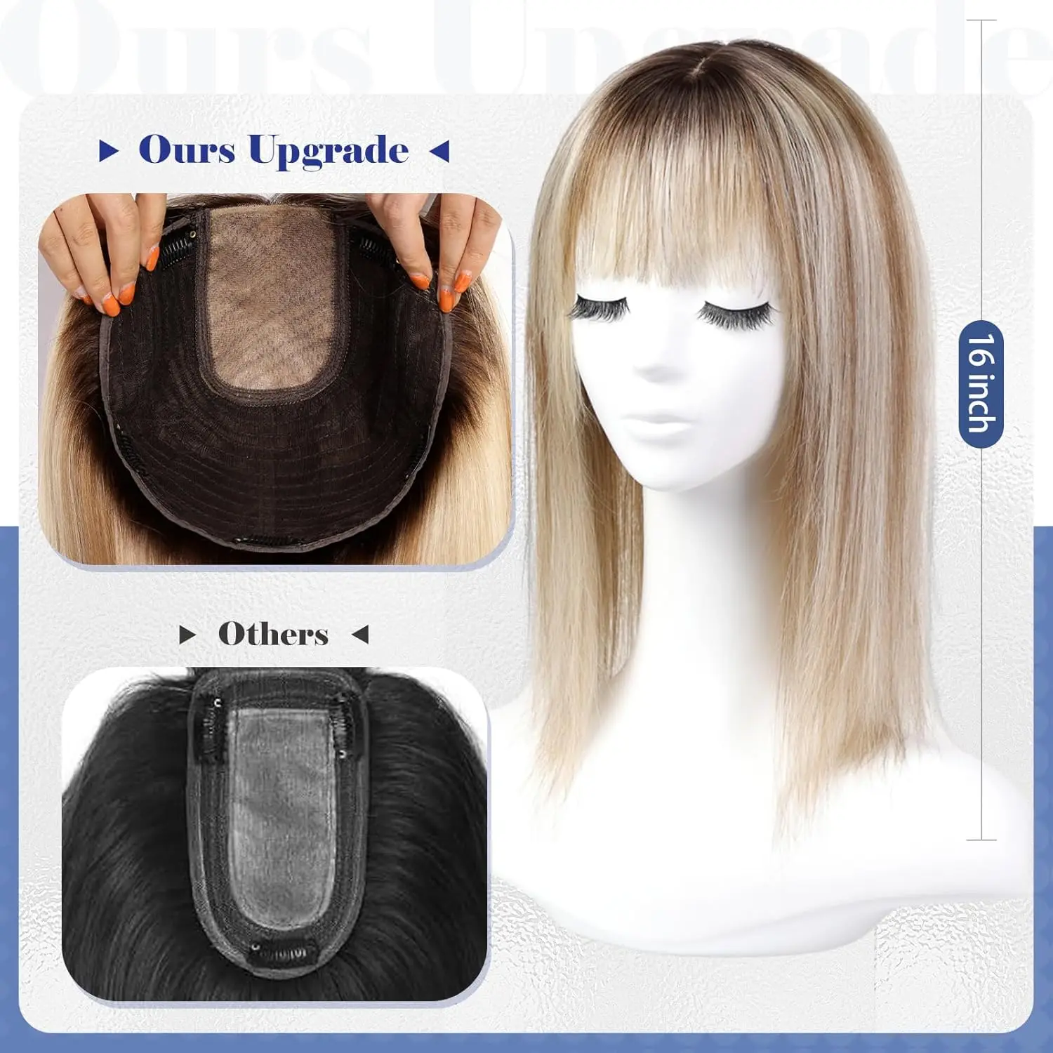 9x9 polegadas peças de cabelo de base grande marrom destaca toppers de cabelo humano toppers de 16 polegadas para mulheres com vários clipes antiderrapantes