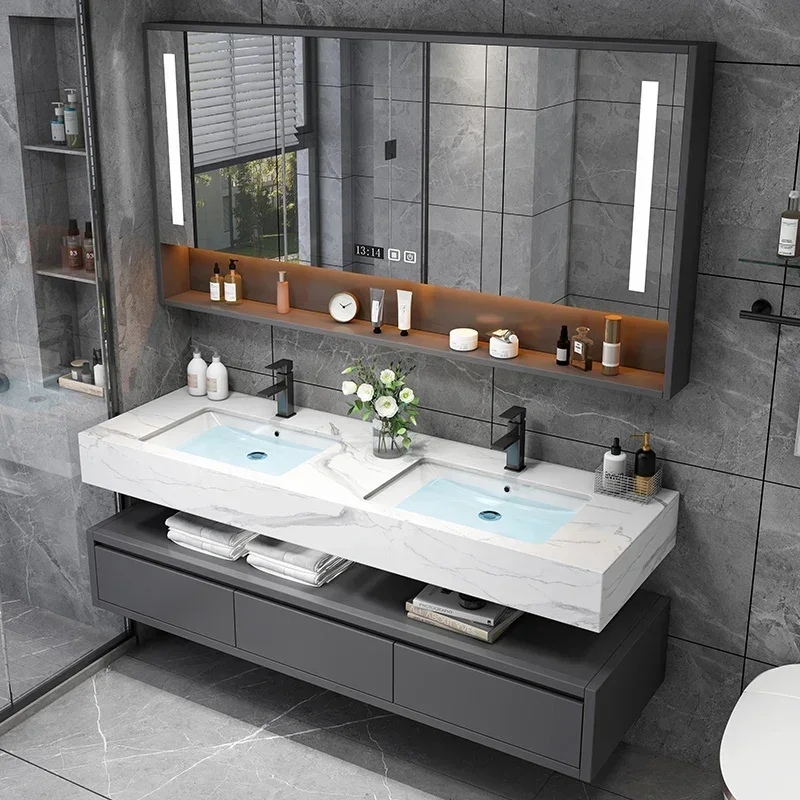 Light Luxury Rock Panel Intelligent Solid Wood Bathroom Cabinet Combination Washbasin Sink Double Basin Bathroom Cabinet Home