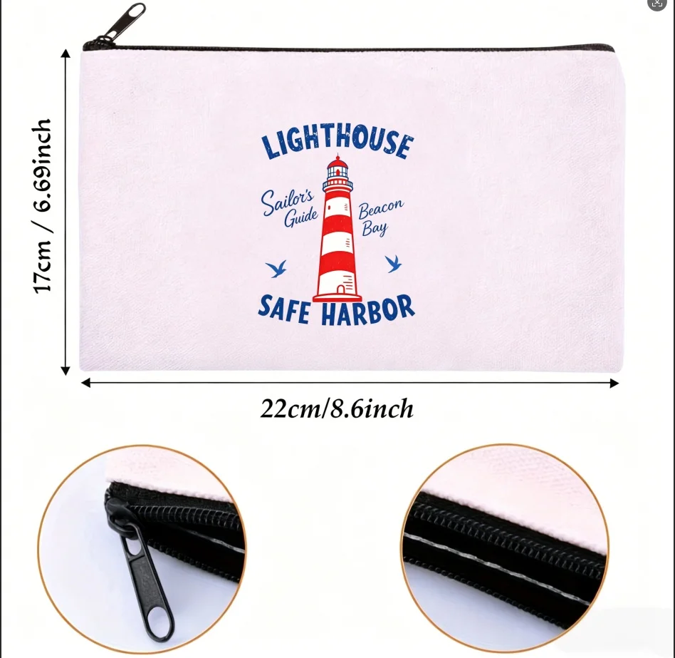 Bolsa de cosméticos Lighthouse Safe Harbor, bolsa de lona con estampado náutico de gaviotas y marineros, bolsa de almacenamiento de maquillaje de viaje con cremallera, regalo, 1 ud.