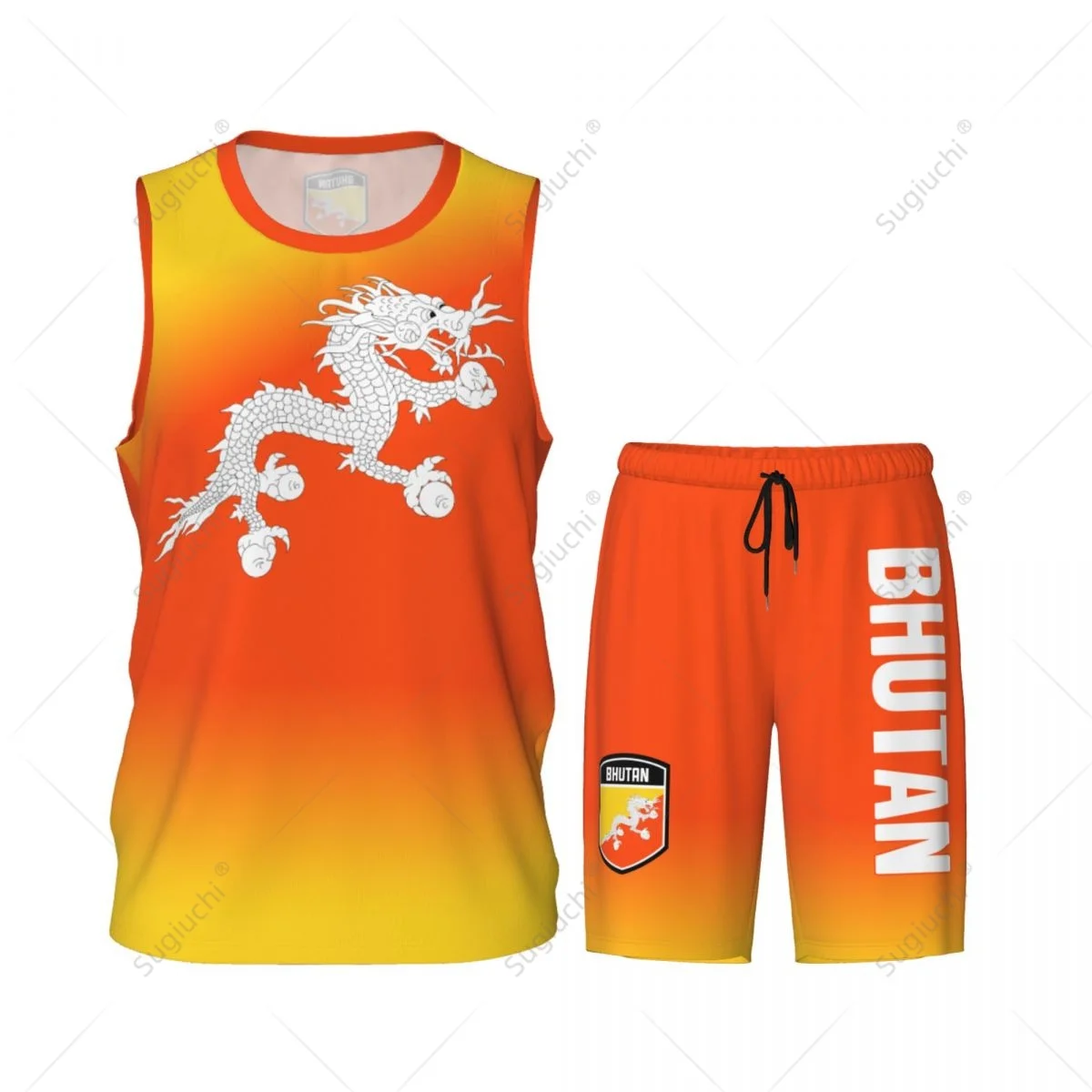 Men Bhutan Flag Basketball Jersey Set Mesh Shirt & Pants Sleeveless Exclusive Team-up Custom Name Nunber Unisex