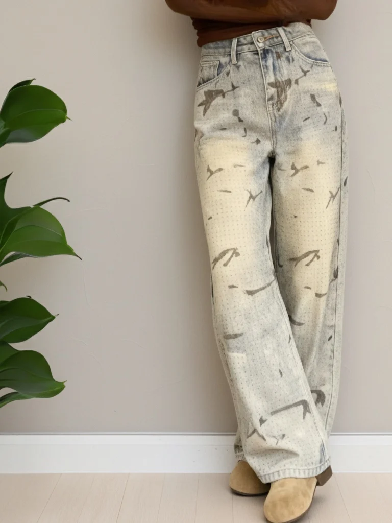 

Spring Season Women's Loose Fit Wide Leg Jeans Rhinestone Dyeing High Waist Casual Sle Multi ket Water Waed Fabric