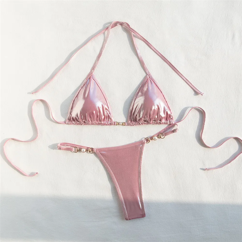 Bikini Set Sexy Pink Shiny Swimwear Halter String Micro Mujer Triangle Swimsuit Women 2024 Bead Mini Thong Bathing Suit bather