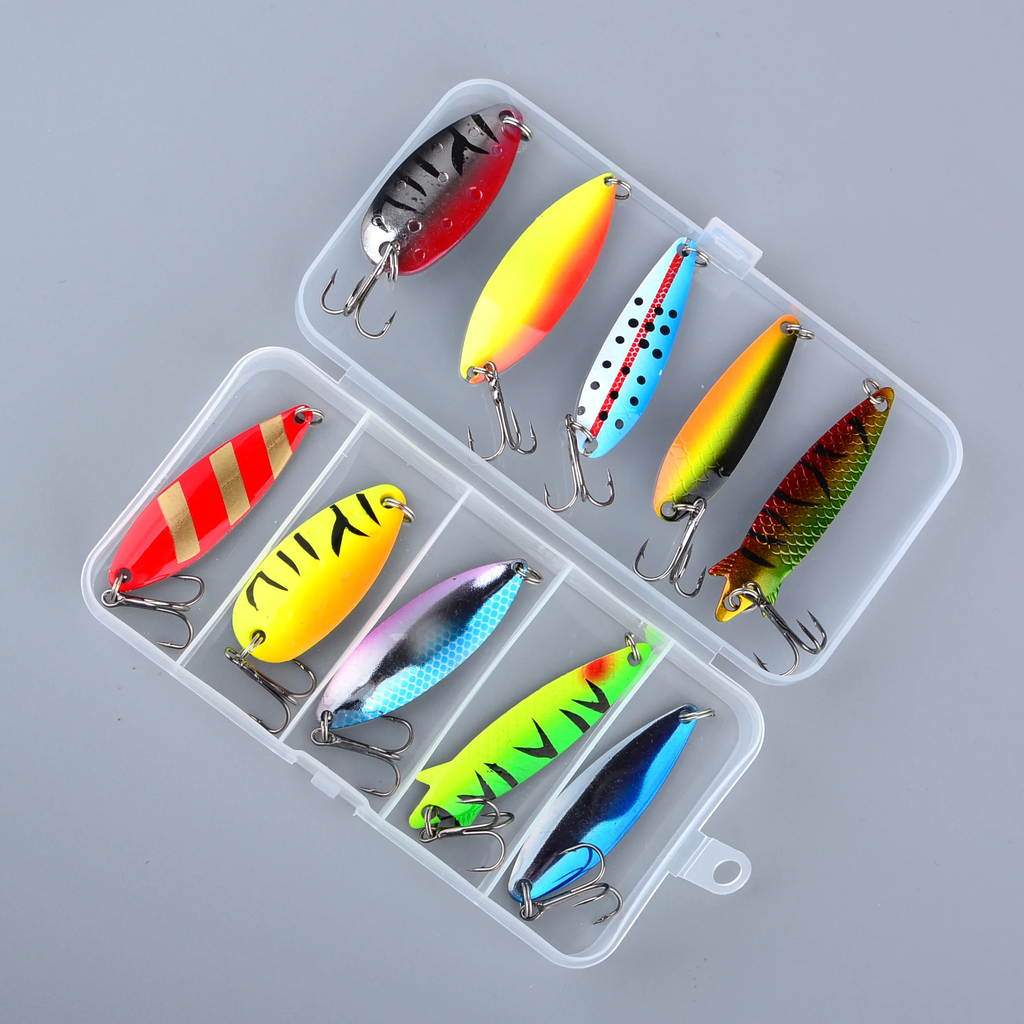 10-teiliges Angelset: Jig- und Löffelköder-Set aus Hartmetall, Spinner, Wobbler, Löffelköder für Forellen- und Barsch-Angeln, Angelzubehör