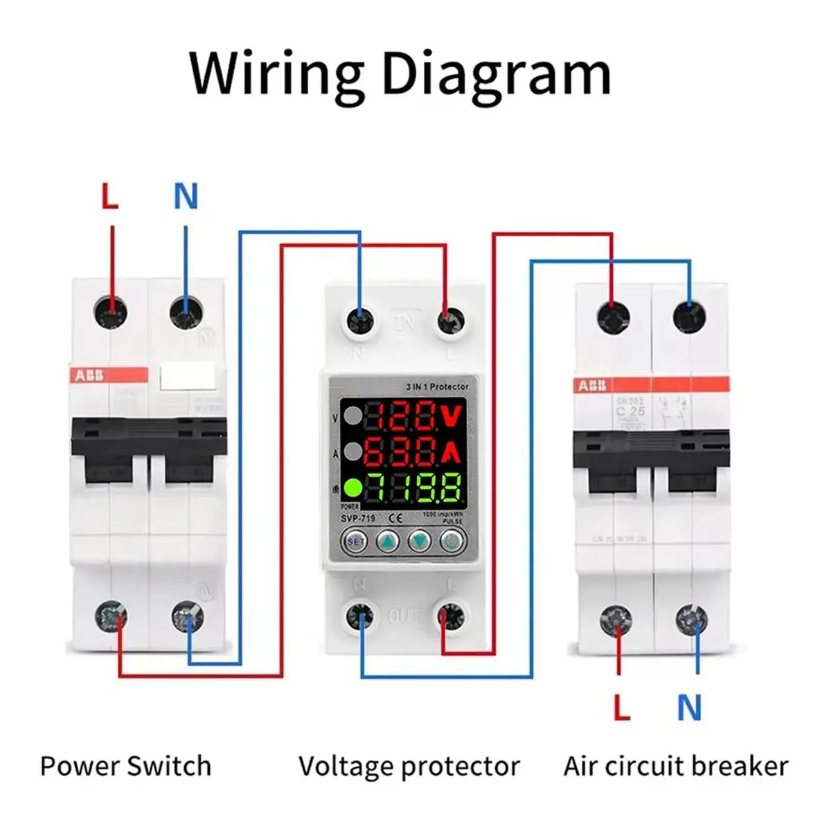 2026 New SVP719 3 LED Display 63A Voltage Surge Protector Relay with Limit Current Protection,Single Phase Low Voltage Monitor