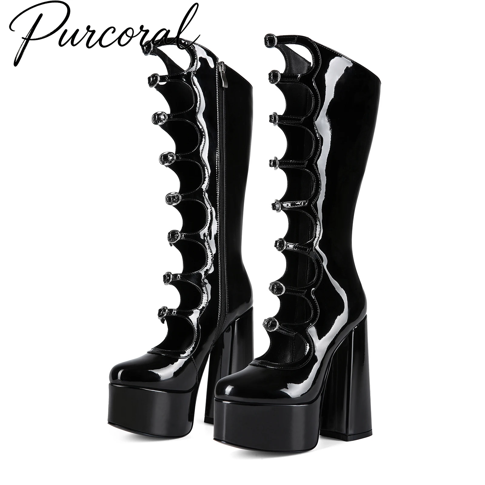 Purcoral 2026 New Patent Leather Platform Boots Women's Black Knee High Chunky Heel Boots  Multi Buckle Cut-Out  Cosplay Shoes