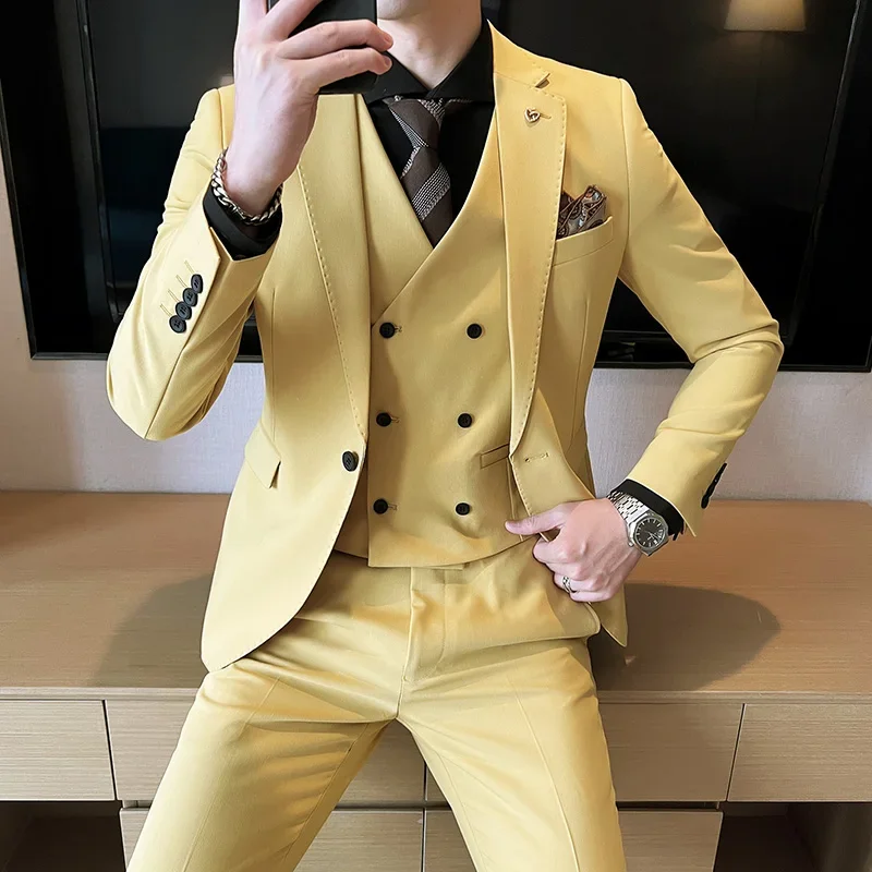 2023 Fashion New Men Business Solid Color Slim Suit / Slim Fit Double Breasted Waistcoat Dress Blazers Jacket Coat Vest Pants