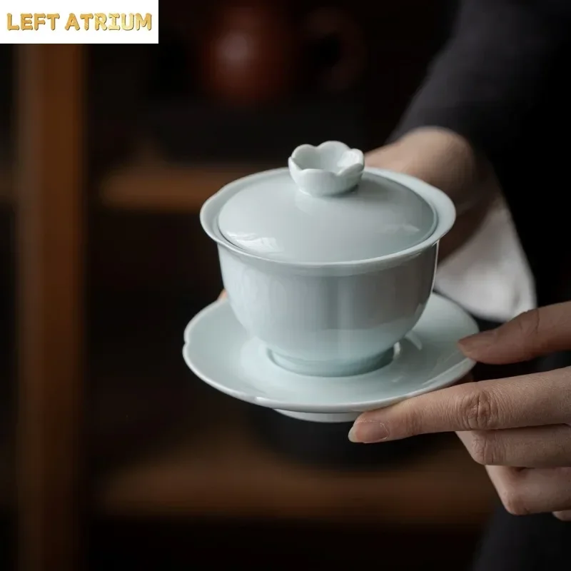 Lotus Green Porcelain Gaiwan Set, Large White Celadon Tea Bowl, Kung Fu Tea Set, Traditional Tea Cup and Saucer 150ml