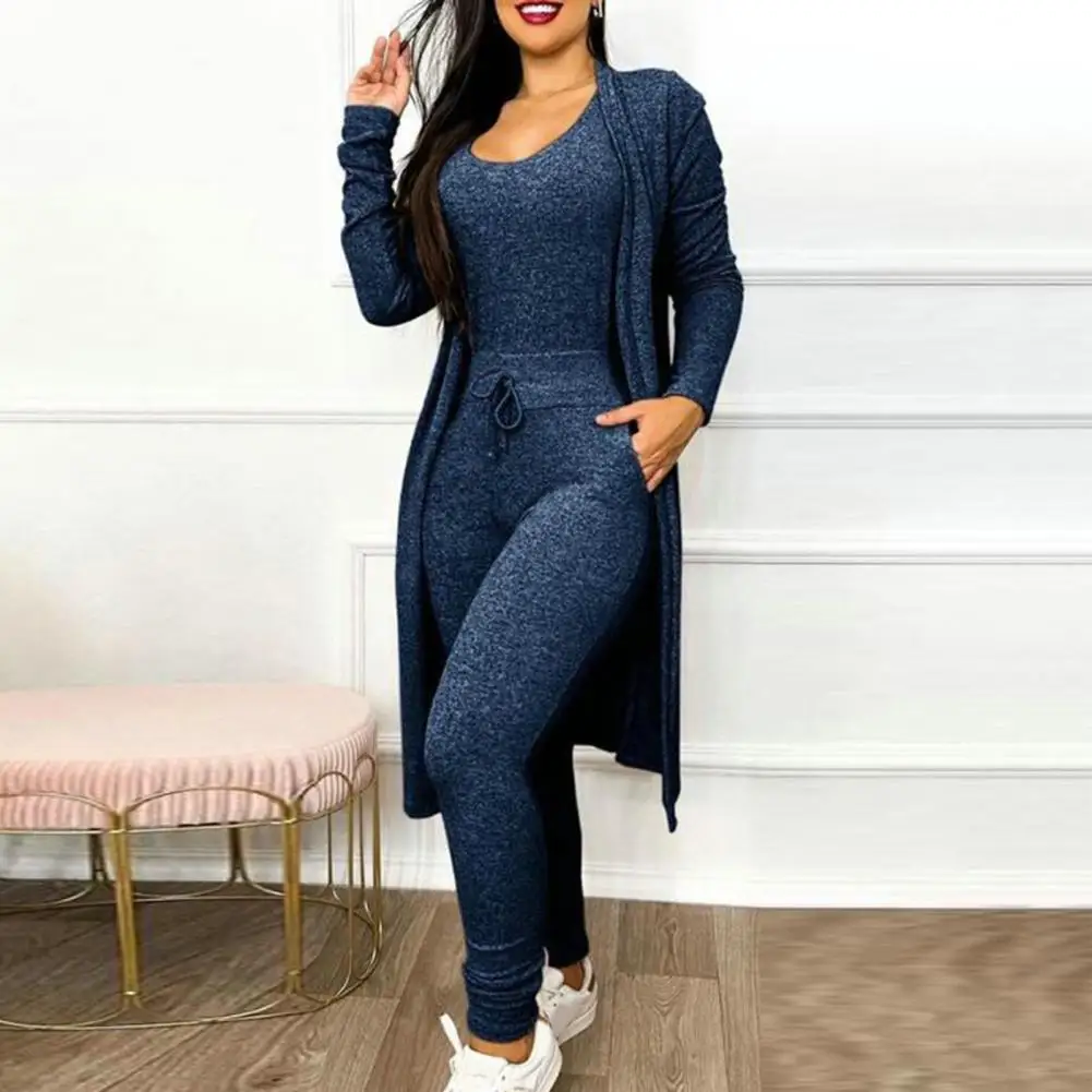 

Jumpsuit Women Fashion 2203 Autumn Two Piece U-Neck Sleeveless Drawstring Pocket Design Jumpsuit Suit Set & Long Sleeve Coat Set