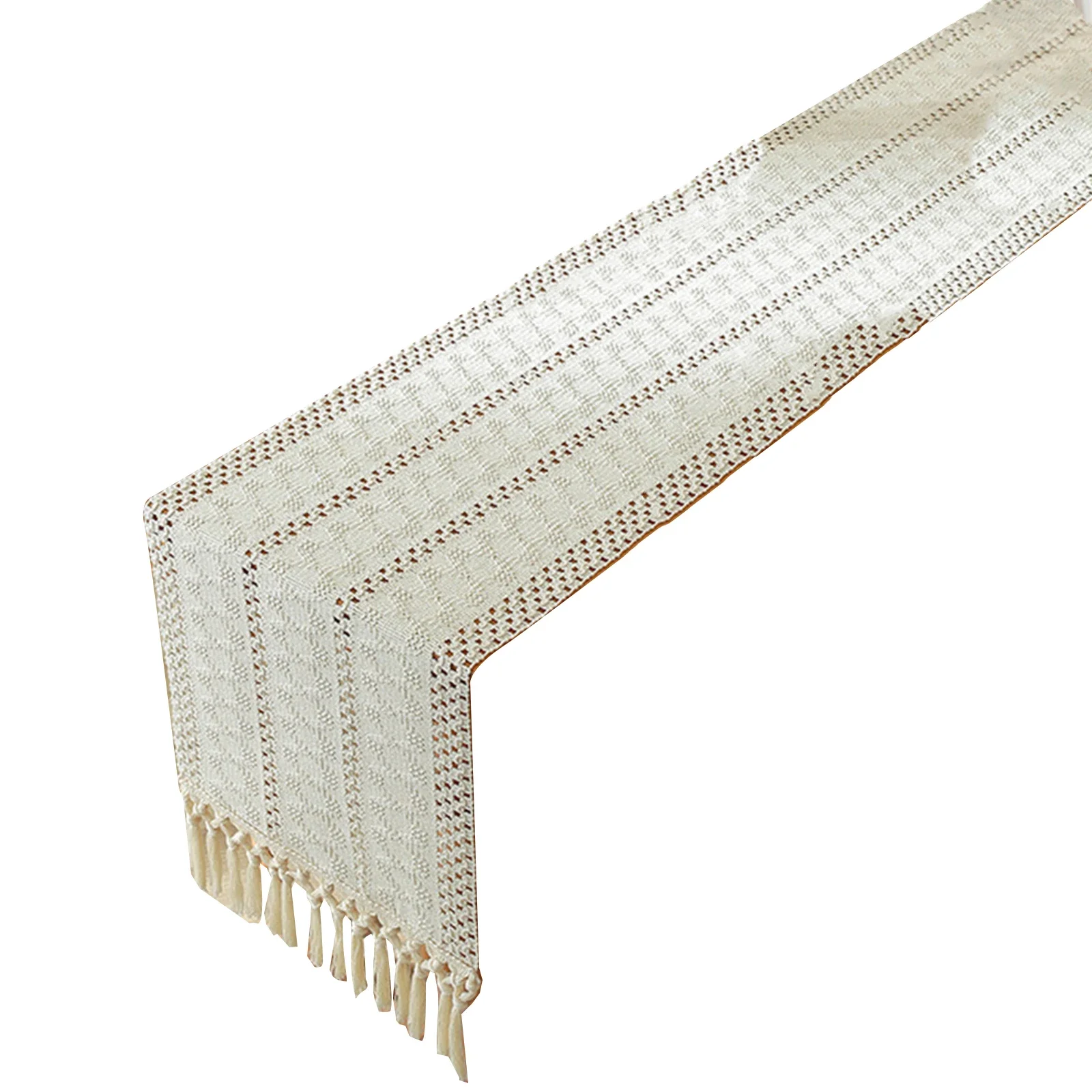 Handwoven cotton and linen table For Runner featuring hollow tassels for use as a decorative table cover in various settings