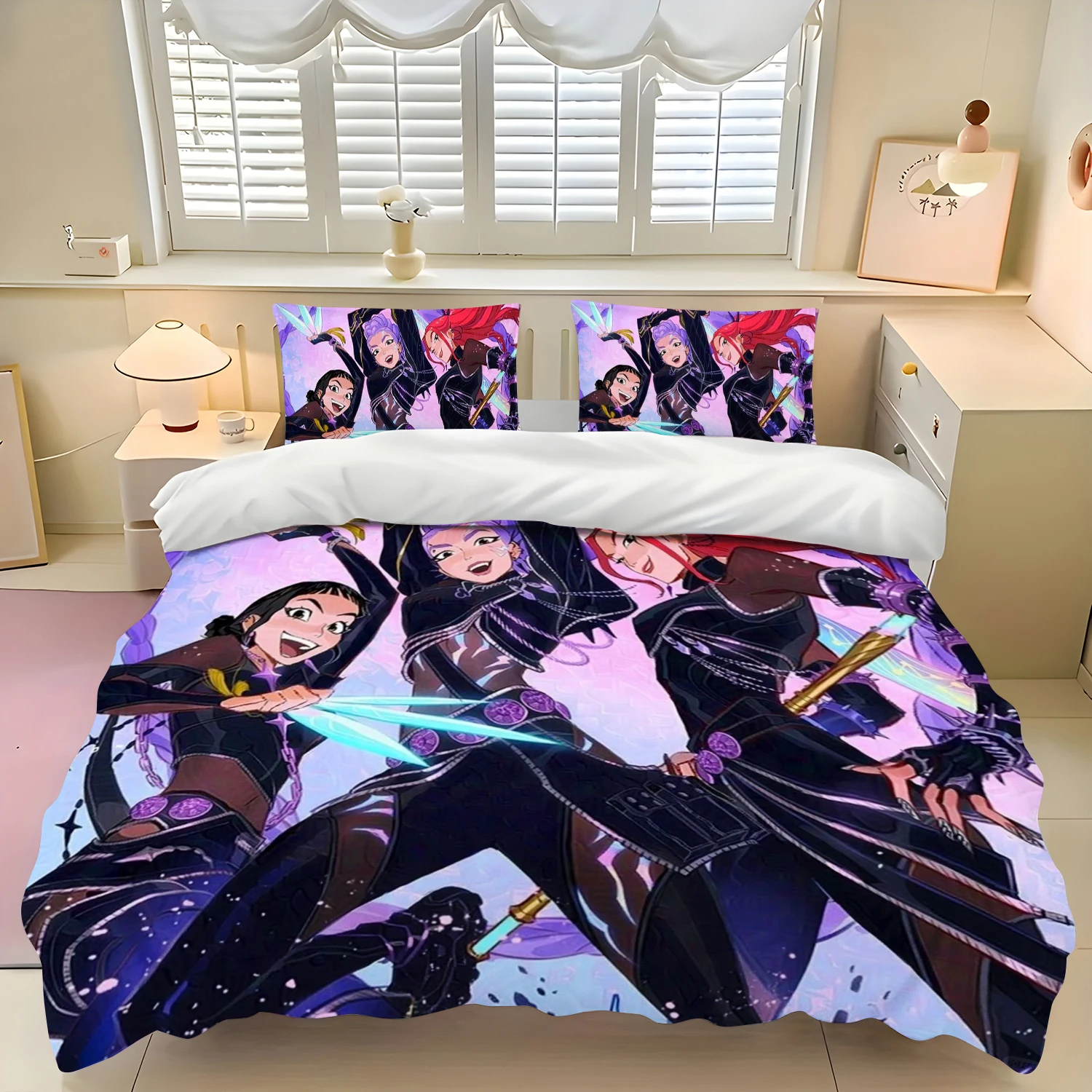 

K-Pop Bedding Set Demon Hunters Themed Colorful Print Polyester Student Dormitory Bed Sheet Duvet Cover Kid Gift Home Textile