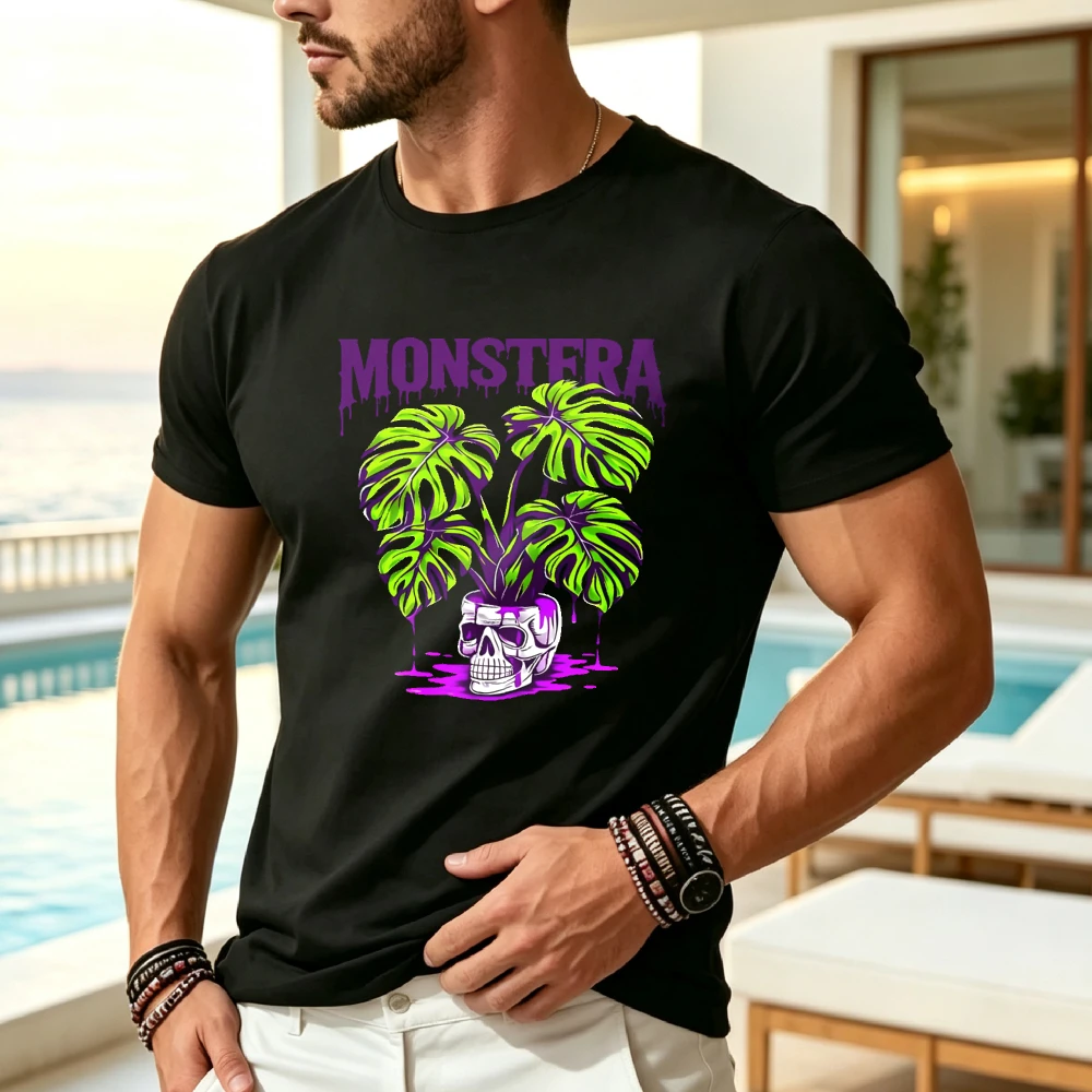 Unisex Monstera Leaf Skull Print T-Shirt Black 100%, Loose Retro Fit, Tropical Palm Tree Purple Dripping Text Design, Slight Stretch, Machine Washable, S-XXXL Sizes, Allseason Casual Wear, Ide_00001