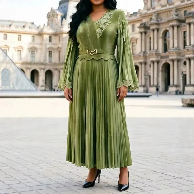 ANLAN Premium Lace Trim Women's Pleated Dress Belted Waist V Collar Long Sleeve Formal Party Fashion Famale Clothing 7AN3915