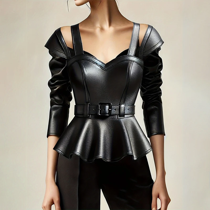 

Майки с ремешком для женщин, искусственная кожа, готический панк, рюшами по подолу, гранж-футболка с длинным рукавом, черный уличный топ из искусственной кожи с поясом