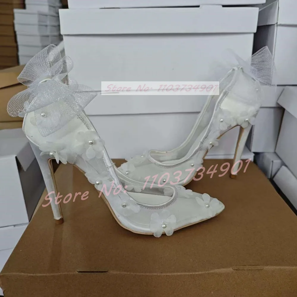 Zapatos de tacón alto de aguja para mujer, calzado elegante con encaje de flores blancas, perlas y lazo, puntiagudos, Sexy, a la moda