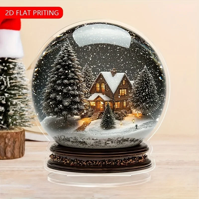 1PCS Acrylic Snowball Christmas Decor 2D Print Winter Wonderland Scene Snowy Trees Cozy Cabin Home Office Decor Anniversary Gift